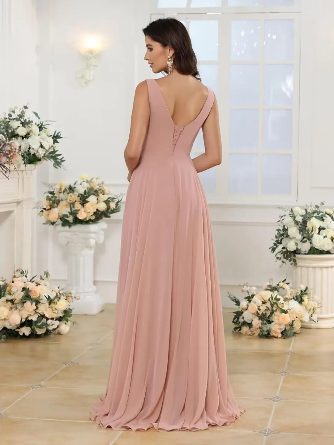 YMSHA V Neck Chiffon Bridesmaid Dresses for Women Side Slit Pleated Formal Evening Dress for Girls YMS134