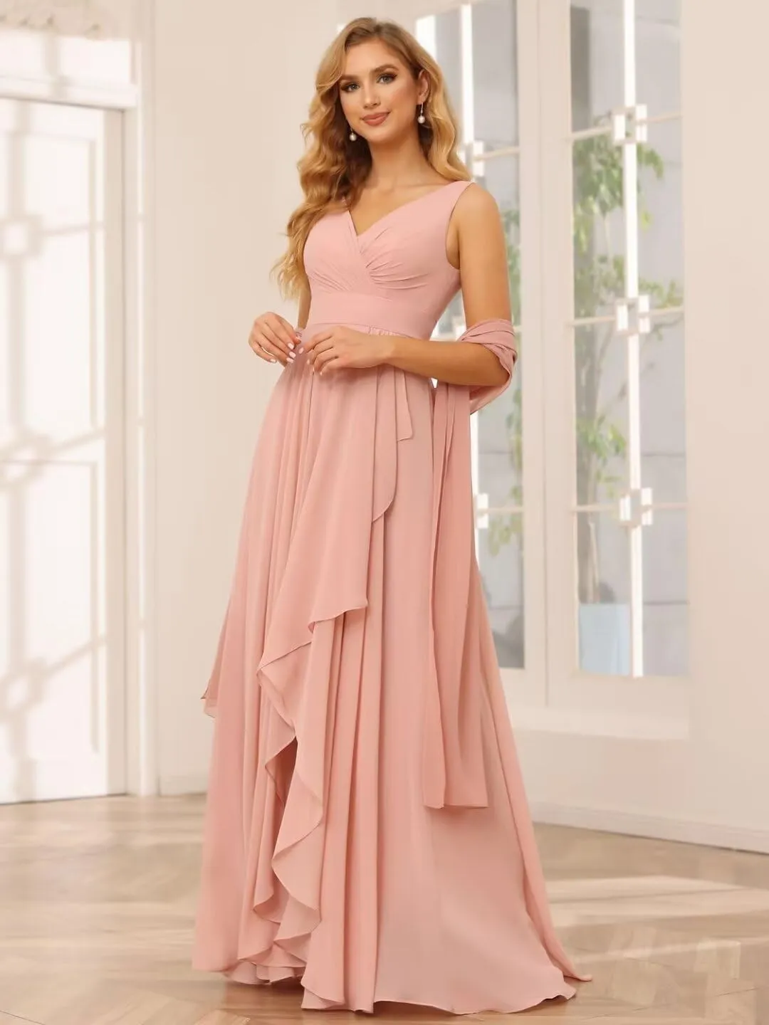 YMSHA V Neck Chiffon Bridesmaid Dresses for Women Side Slit Pleated Formal Evening Dress for Girls YMS134