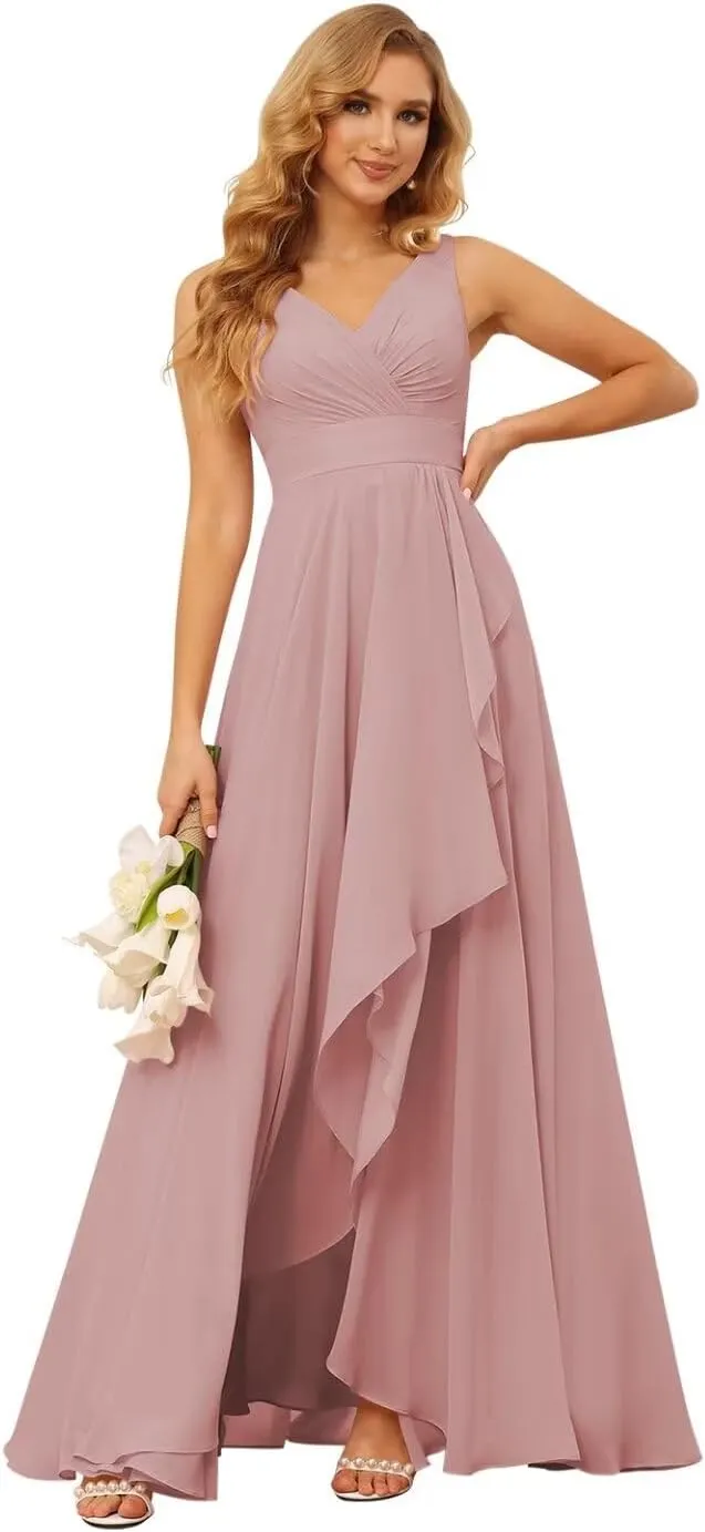 YMSHA V Neck Chiffon Bridesmaid Dresses for Women Side Slit Pleated Formal Evening Dress for Girls YMS134