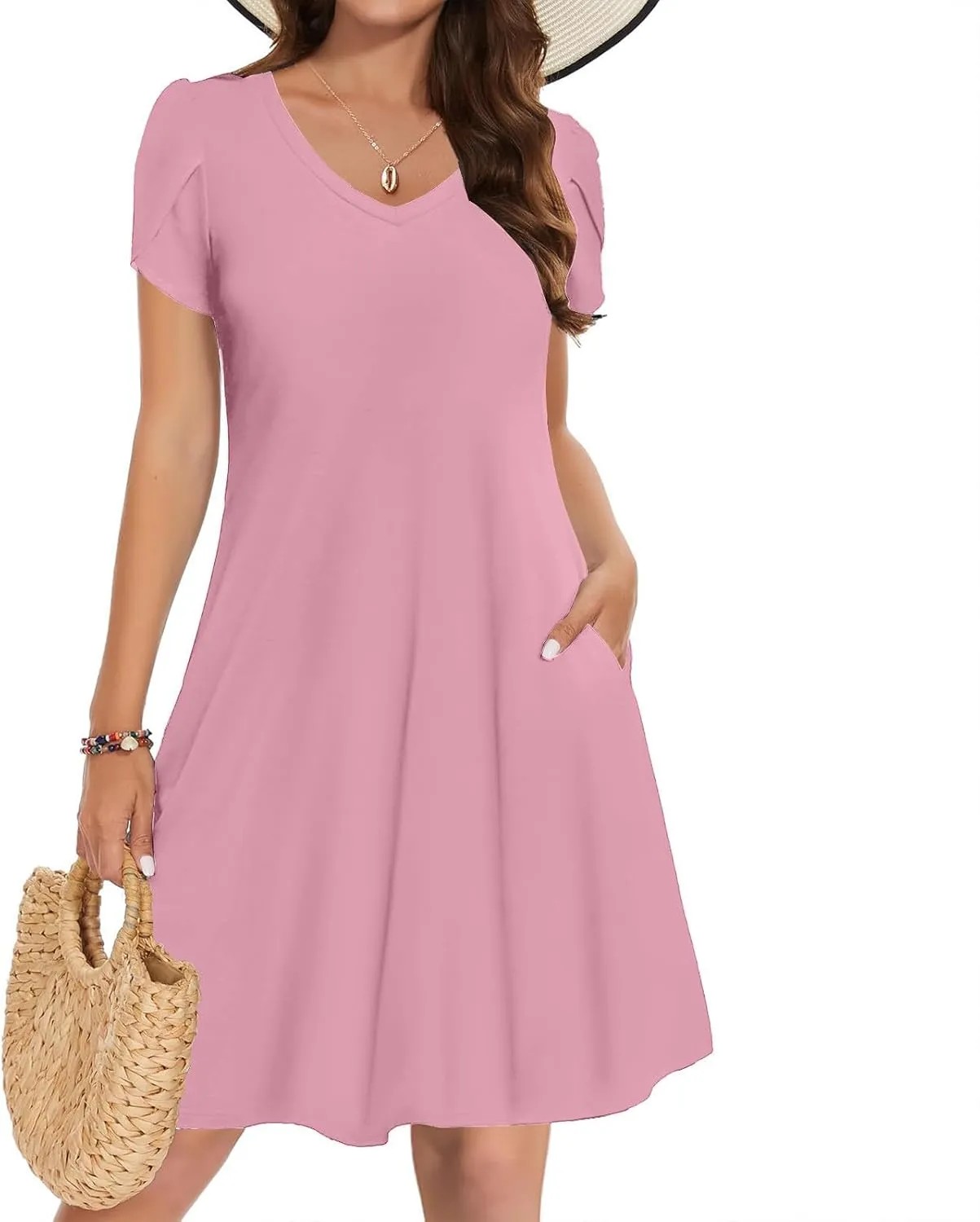 YRAETENM Summer Dresses for Women 2025 Casual Mini Short Sleeve A-Line Dress Flowy Swing Vocation Beach Sundress with Pockets