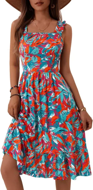 ZABERRY Womens Summer Midi Dress 2025 Elastic Straps Square Neck Cute Floral Flowy A-line Sundresses for Women
