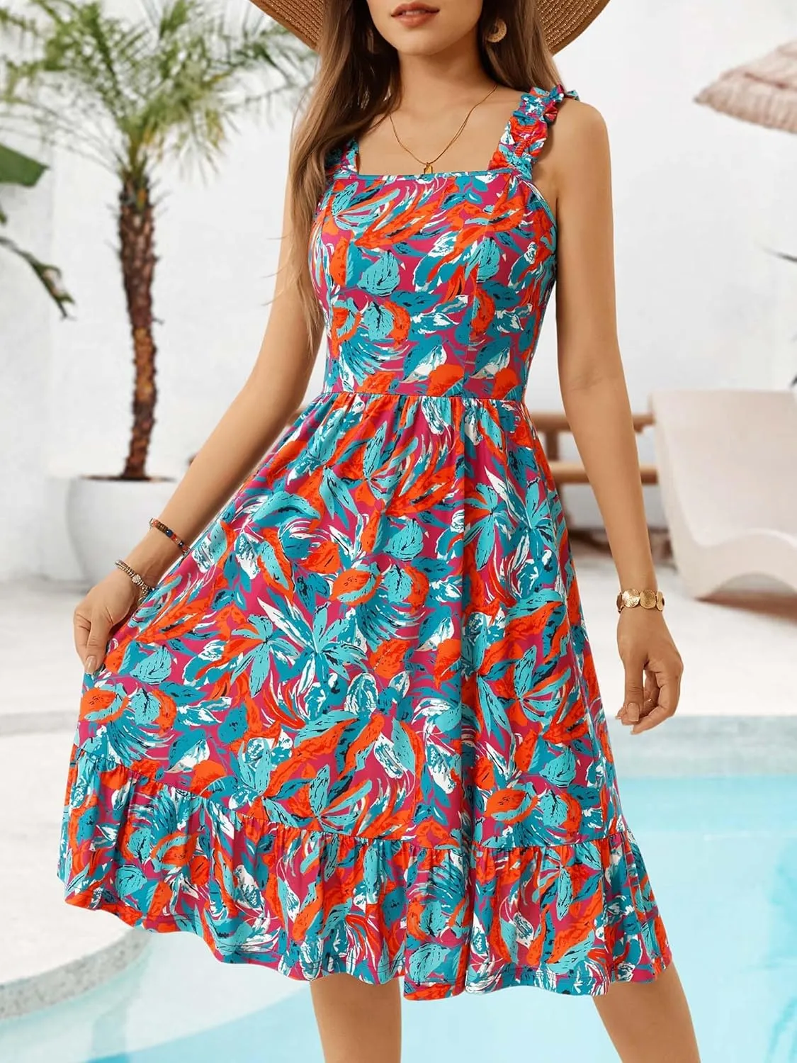 ZABERRY Womens Summer Midi Dress 2025 Elastic Straps Square Neck Cute Floral Flowy A-line Sundresses for Women