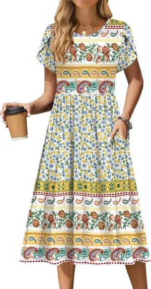 Zeagoo Women Summer Short Sleeve Midi Dress with Pockets Casual Aline Flowy Tshirt Dress Floral Vocation Beach Sundress