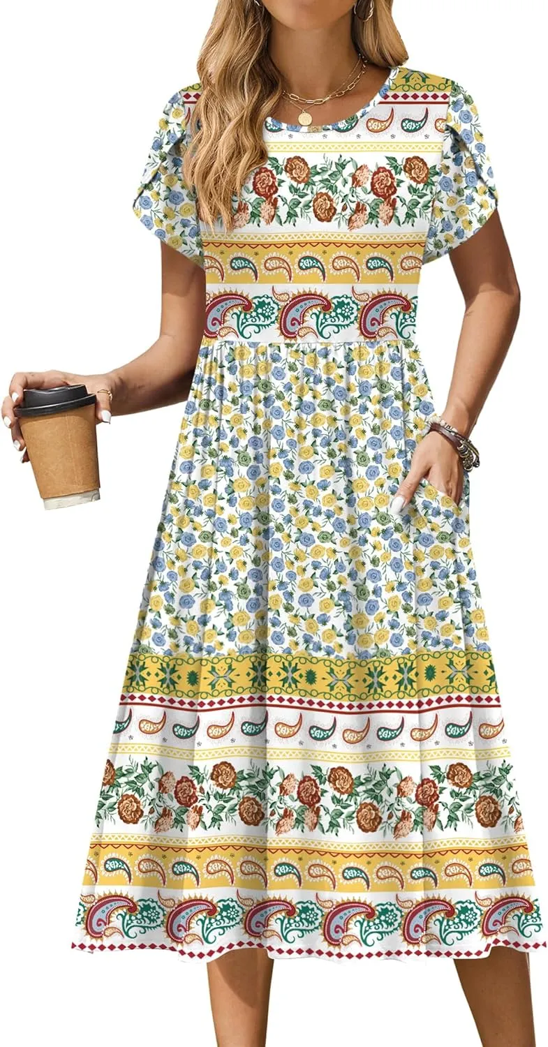 Zeagoo Women Summer Short Sleeve Midi Dress with Pockets Casual Aline Flowy Tshirt Dress Floral Vocation Beach Sundress