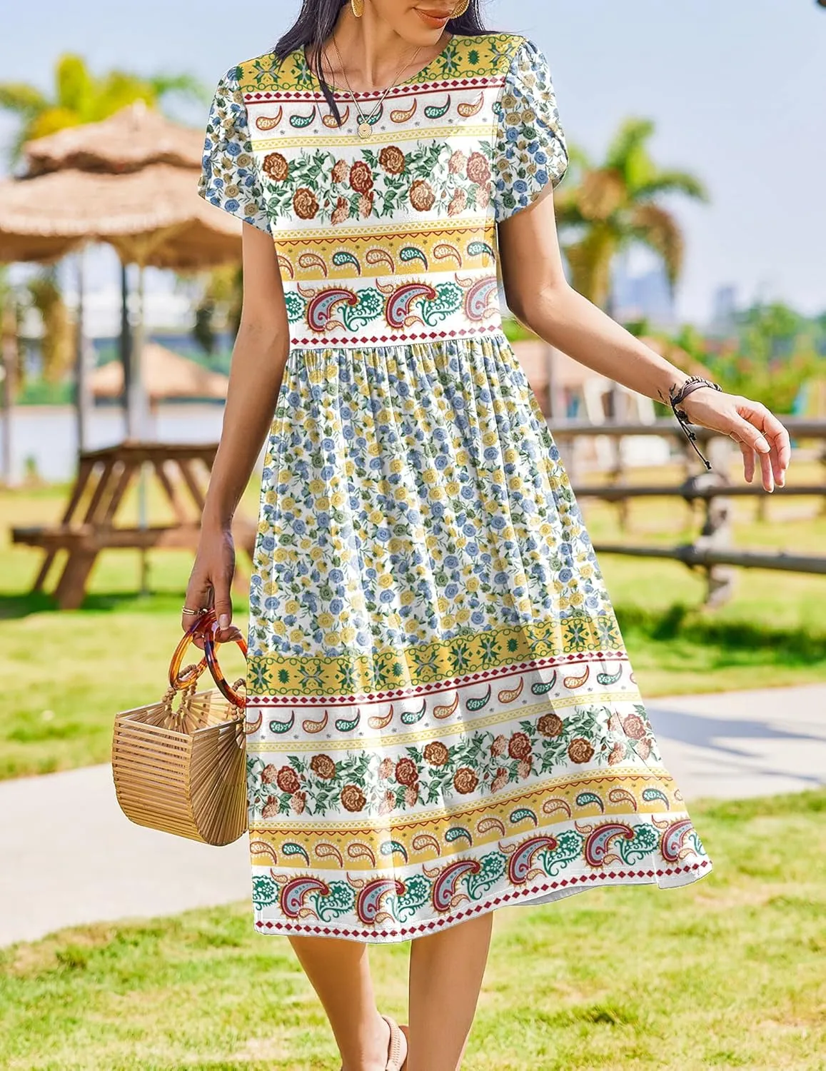 Zeagoo Women Summer Short Sleeve Midi Dress with Pockets Casual Aline Flowy Tshirt Dress Floral Vocation Beach Sundress