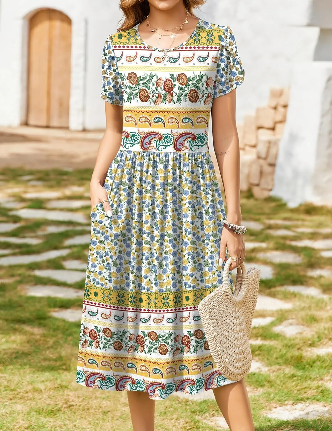 Zeagoo Women Summer Short Sleeve Midi Dress with Pockets Casual Aline Flowy Tshirt Dress Floral Vocation Beach Sundress