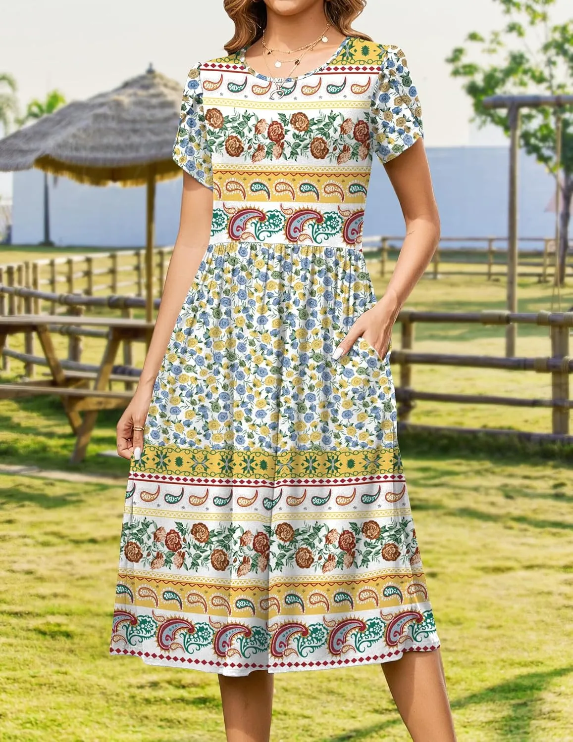 Zeagoo Women Summer Short Sleeve Midi Dress with Pockets Casual Aline Flowy Tshirt Dress Floral Vocation Beach Sundress