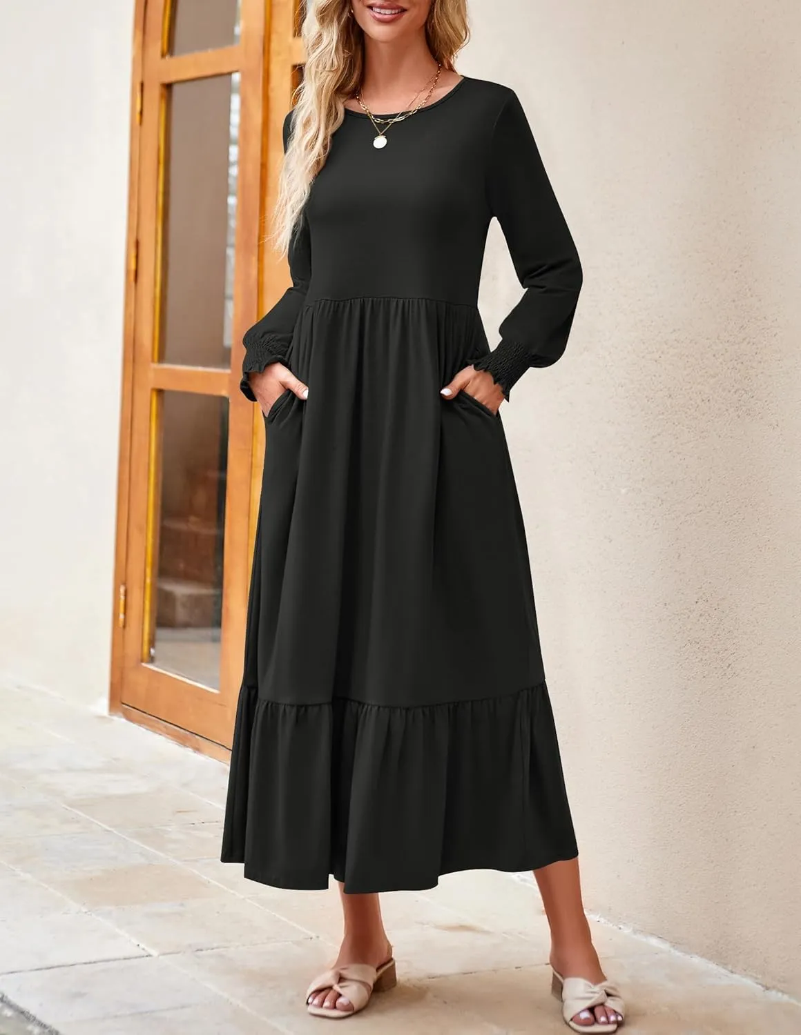 ZESICA Women's Spring Long Sleeve Dress 2025 Crewneck Casual Loose Pleated Tiered Swing Midi Dresses with Pockets