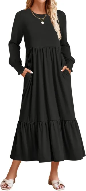 ZESICA Women's Spring Long Sleeve Dress 2025 Crewneck Casual Loose Pleated Tiered Swing Midi Dresses with Pockets