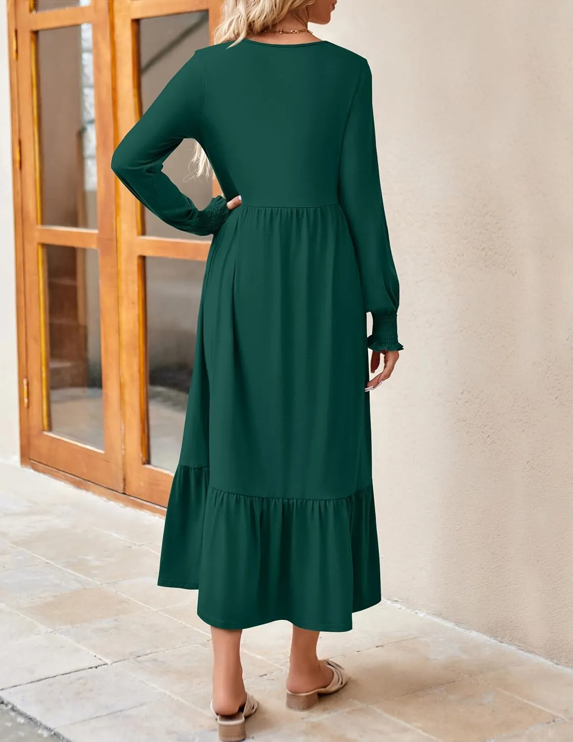 ZESICA Women's Spring Long Sleeve Dress 2025 Crewneck Casual Loose Pleated Tiered Swing Midi Dresses with Pockets