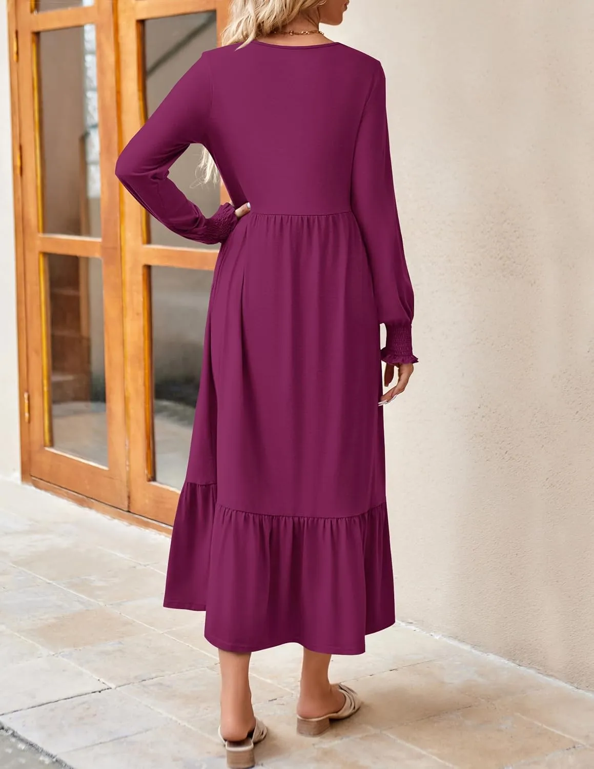 ZESICA Women's Spring Long Sleeve Dress 2025 Crewneck Casual Loose Pleated Tiered Swing Midi Dresses with Pockets
