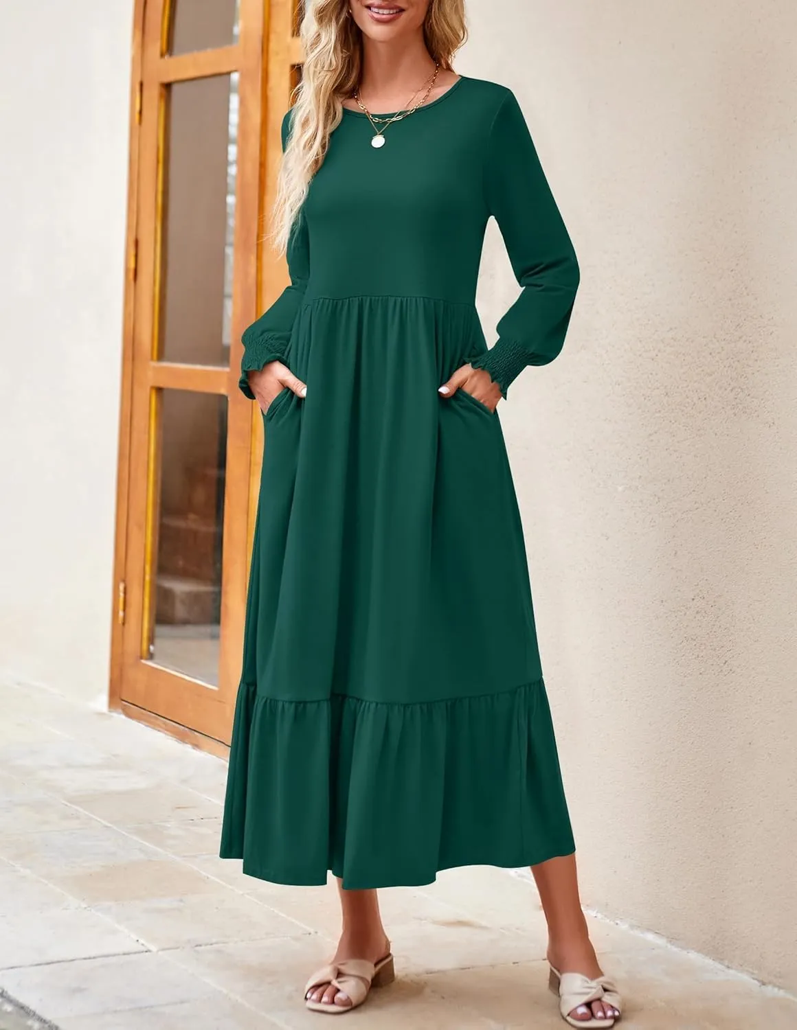 ZESICA Women's Spring Long Sleeve Dress 2025 Crewneck Casual Loose Pleated Tiered Swing Midi Dresses with Pockets