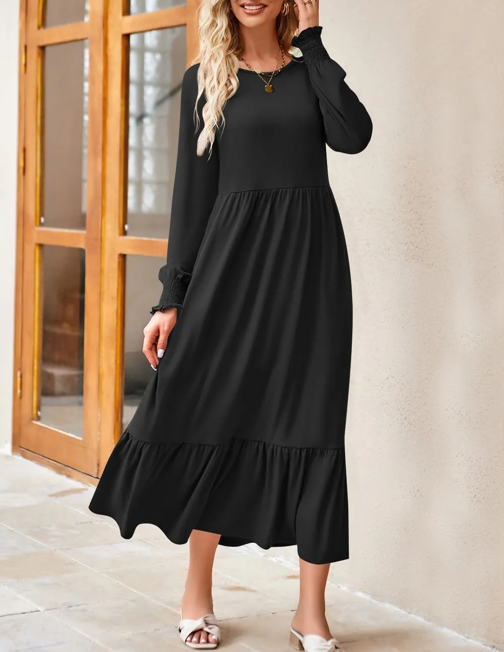 ZESICA Women's Spring Long Sleeve Dress 2025 Crewneck Casual Loose Pleated Tiered Swing Midi Dresses with Pockets