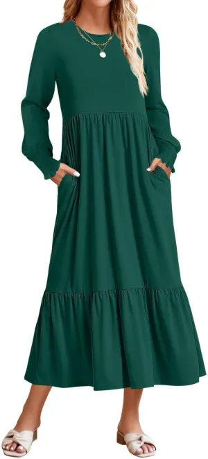 ZESICA Women's Spring Long Sleeve Dress 2025 Crewneck Casual Loose Pleated Tiered Swing Midi Dresses with Pockets