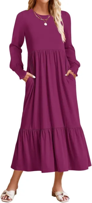 ZESICA Women's Spring Long Sleeve Dress 2025 Crewneck Casual Loose Pleated Tiered Swing Midi Dresses with Pockets