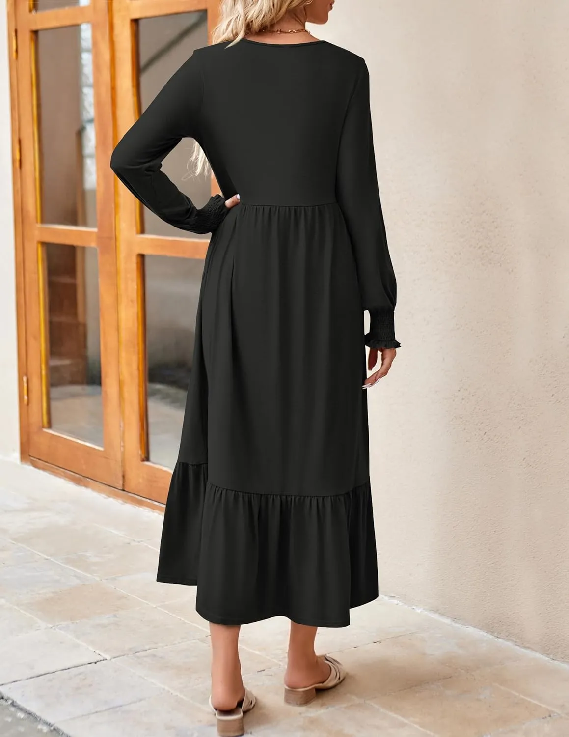 ZESICA Women's Spring Long Sleeve Dress 2025 Crewneck Casual Loose Pleated Tiered Swing Midi Dresses with Pockets