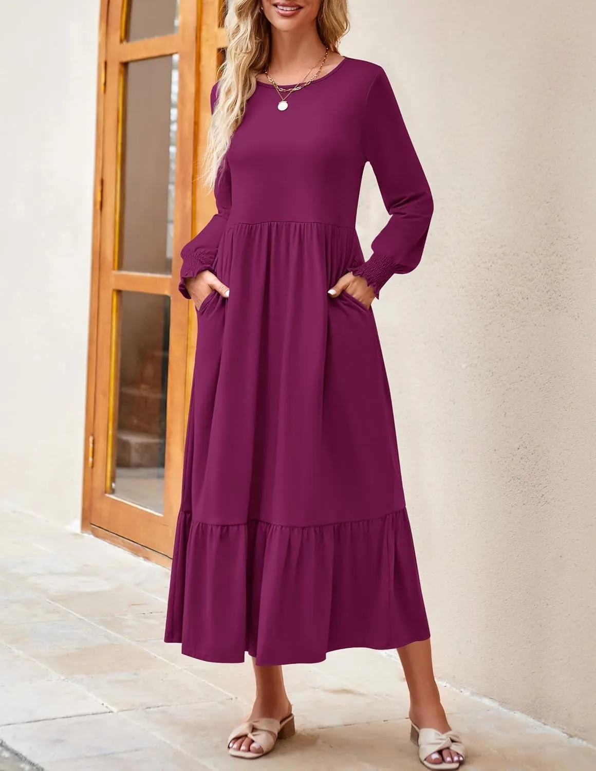 ZESICA Women's Spring Long Sleeve Dress 2025 Crewneck Casual Loose Pleated Tiered Swing Midi Dresses with Pockets