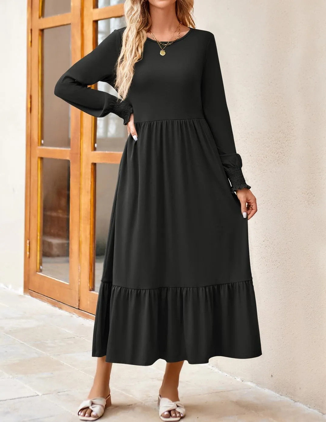 ZESICA Women's Spring Long Sleeve Dress 2025 Crewneck Casual Loose Pleated Tiered Swing Midi Dresses with Pockets