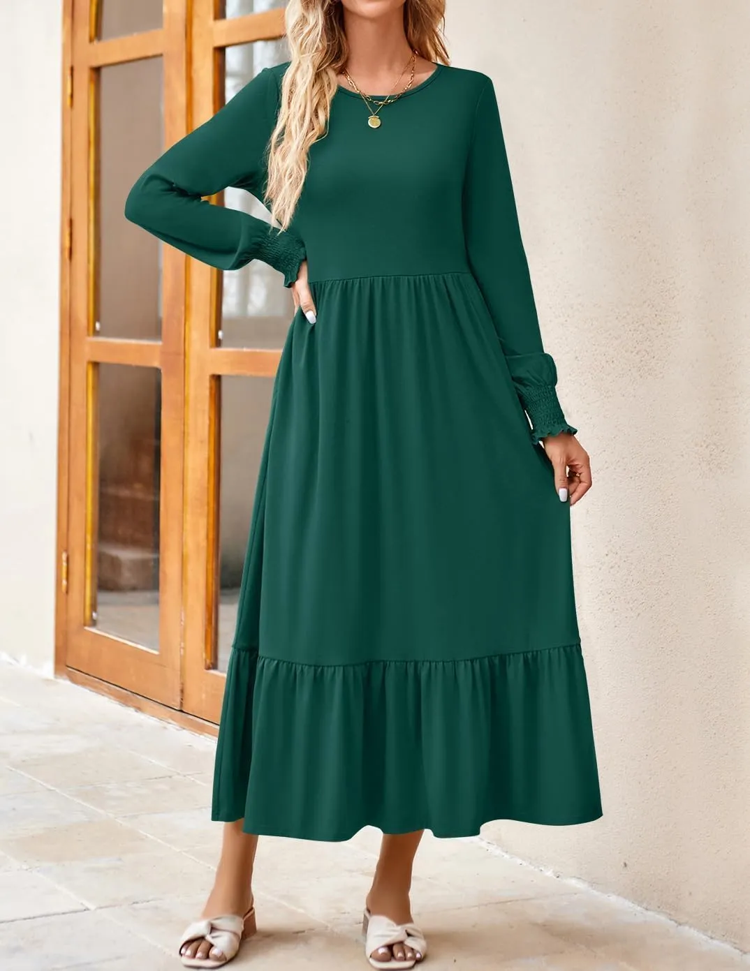 ZESICA Women's Spring Long Sleeve Dress 2025 Crewneck Casual Loose Pleated Tiered Swing Midi Dresses with Pockets
