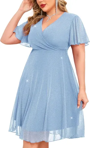 ZOMVA Plus Size Sparkly Mesh Dress A Line Ruffle Sleeve V Neck Wrap Short Glitter Dresses Wedding Guest Cocktail Party