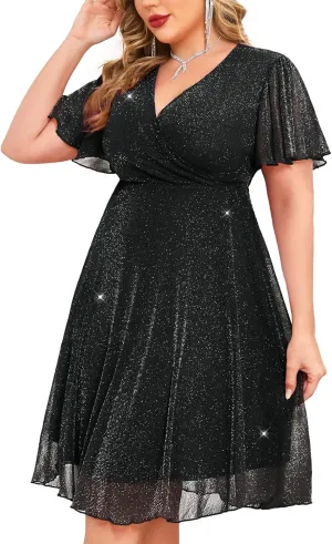 ZOMVA Plus Size Sparkly Mesh Dress A Line Ruffle Sleeve V Neck Wrap Short Glitter Dresses Wedding Guest Cocktail Party