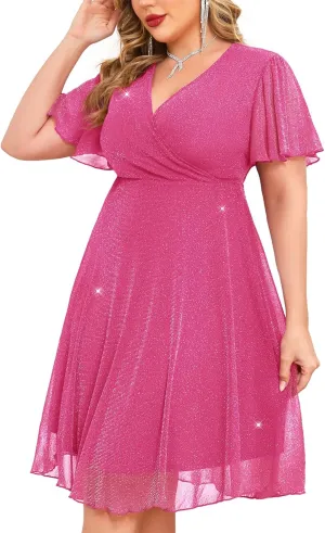 ZOMVA Plus Size Sparkly Mesh Dress A Line Ruffle Sleeve V Neck Wrap Short Glitter Dresses Wedding Guest Cocktail Party