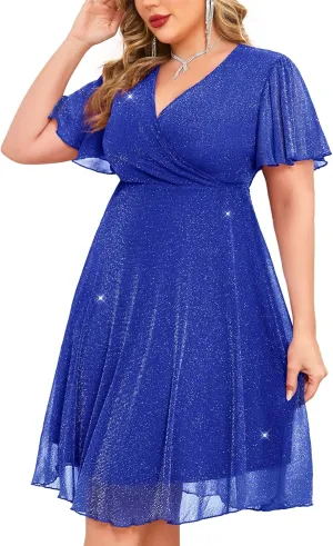 ZOMVA Plus Size Sparkly Mesh Dress A Line Ruffle Sleeve V Neck Wrap Short Glitter Dresses Wedding Guest Cocktail Party