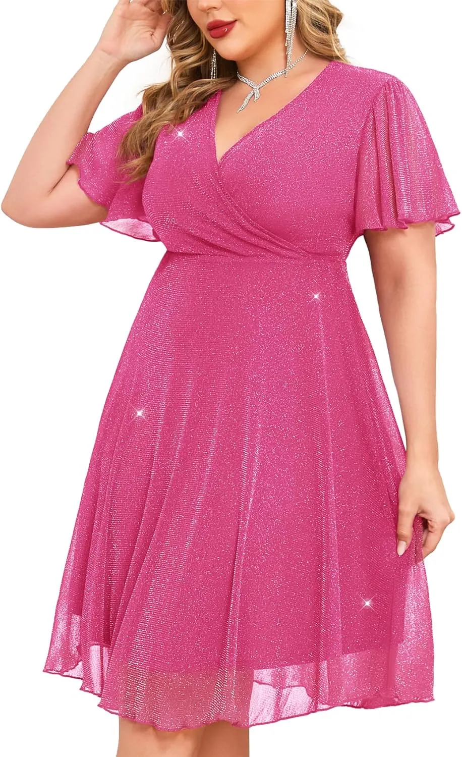 ZOMVA Plus Size Sparkly Mesh Dress A Line Ruffle Sleeve V Neck Wrap Short Glitter Dresses Wedding Guest Cocktail Party