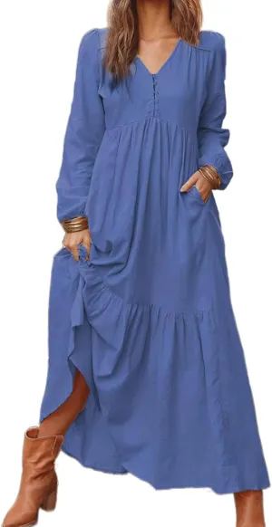 ZWRXW Womens Fall Fashion Linen Dresses Button Front V Neck Pleated Dress Long Sleeve Tiered Ruffle Maxi Dress with Pockets