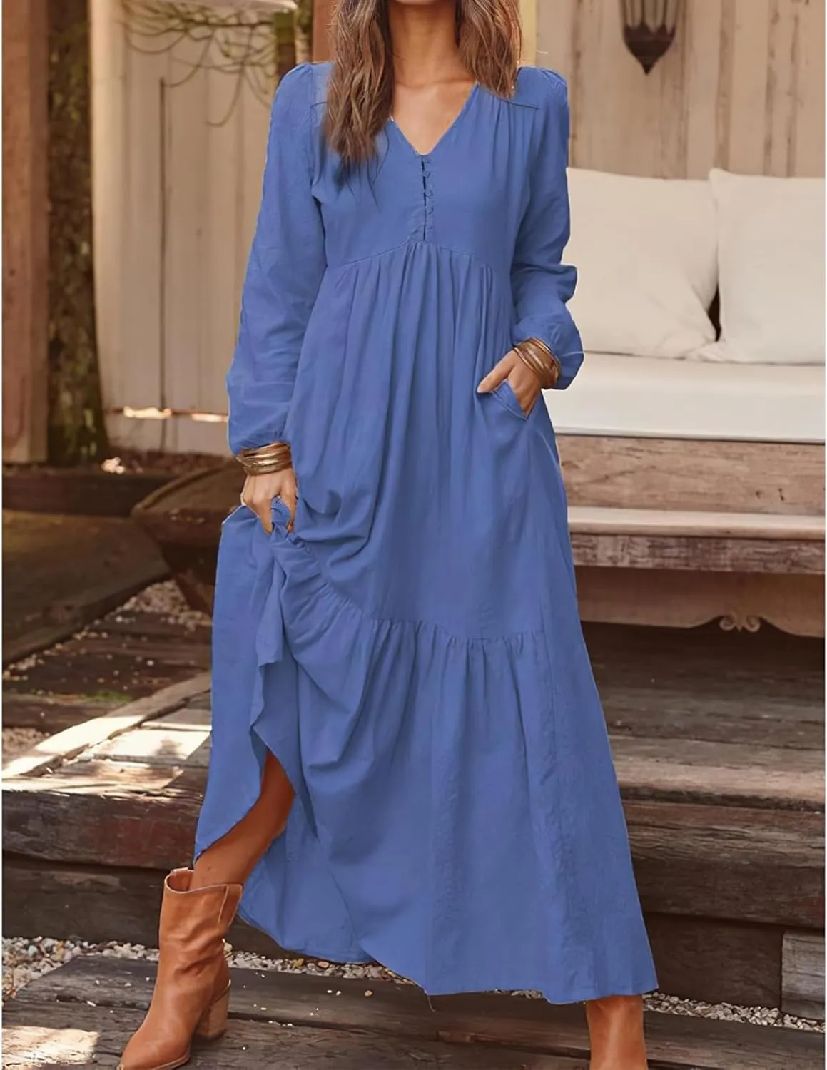ZWRXW Womens Fall Fashion Linen Dresses Button Front V Neck Pleated Dress Long Sleeve Tiered Ruffle Maxi Dress with Pockets