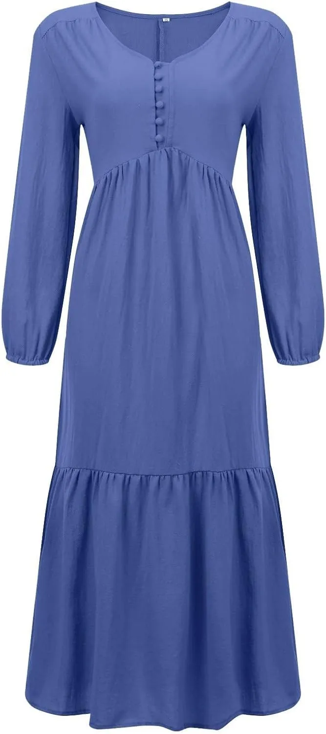 ZWRXW Womens Fall Fashion Linen Dresses Button Front V Neck Pleated Dress Long Sleeve Tiered Ruffle Maxi Dress with Pockets